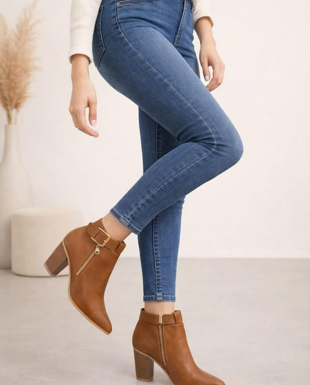 Luxe Zip Strap Block Heel Ankle Boots