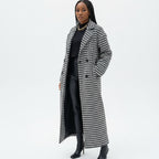 Women’s Houndstooth Long Coat – Double Breasted Classic Tailored Overcoat