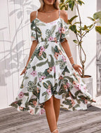 Tropical Floral Shoulder Cutout Midi Dress