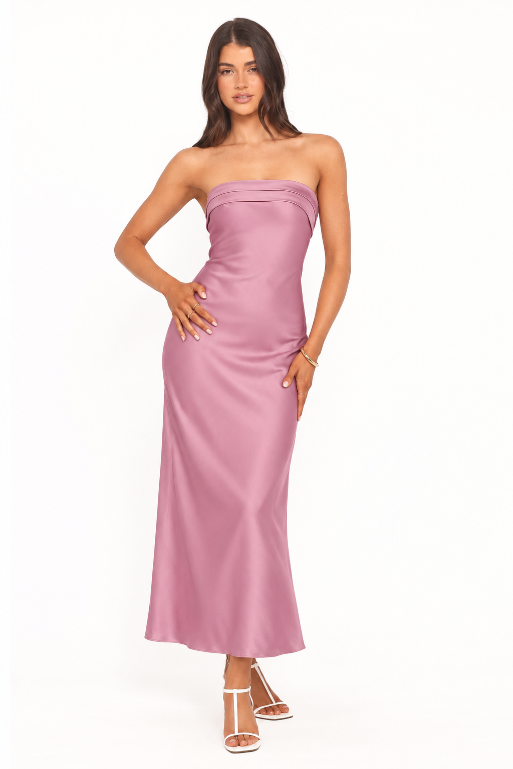 Foldover Bandeau Satin Maxi Dress