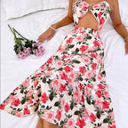 Pink Floral Keyhole Cutout Midi Dress