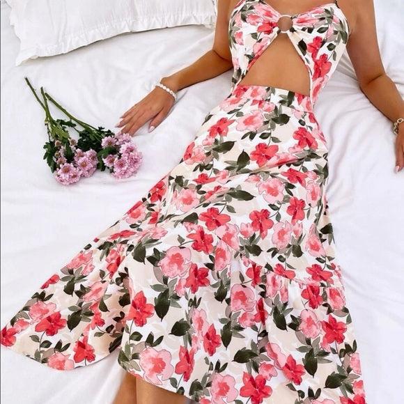 Pink Floral Keyhole Cutout Midi Dress