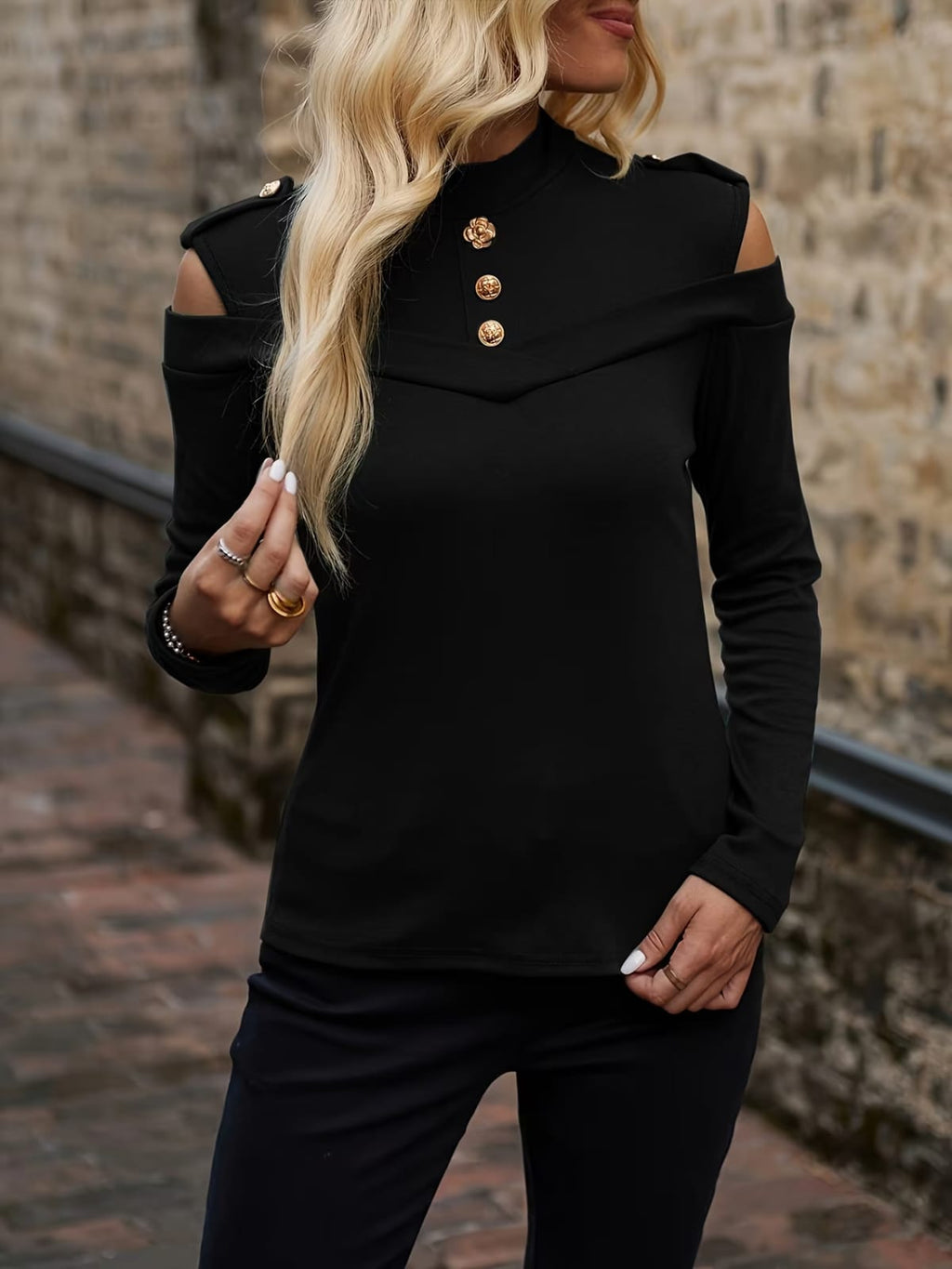 Gold-Button Cold Shoulder Top