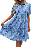 Floral Puff Short Sleeve Button-Down Midi Dress