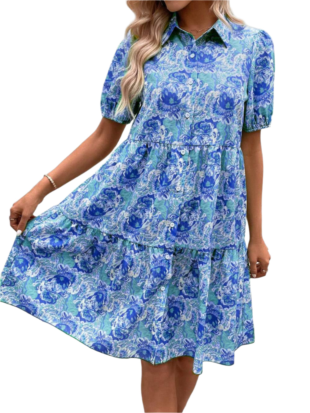 Floral Puff Short Sleeve Button-Down Midi Dress