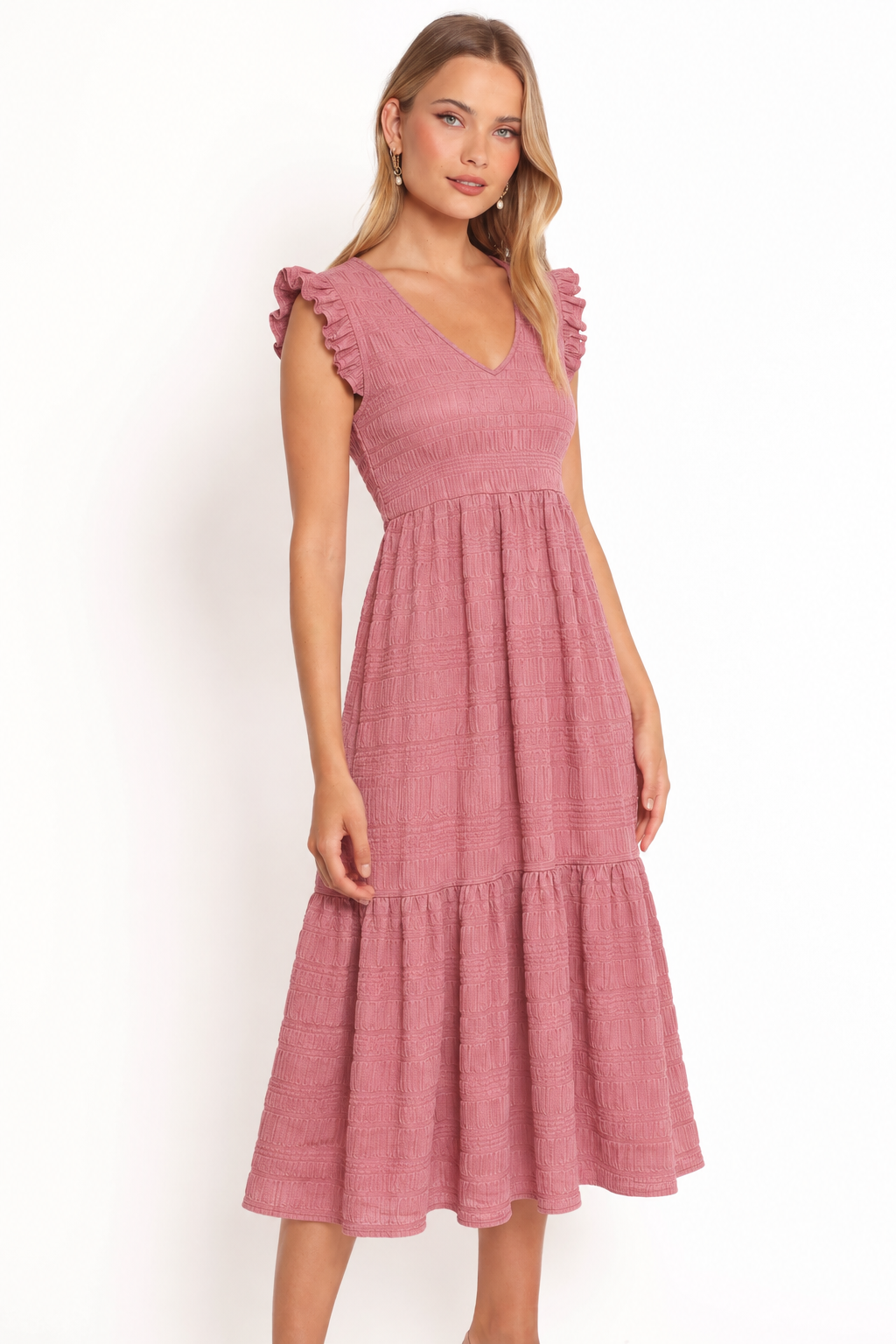 Textured Ruffle-Shoulder Midi Dress
