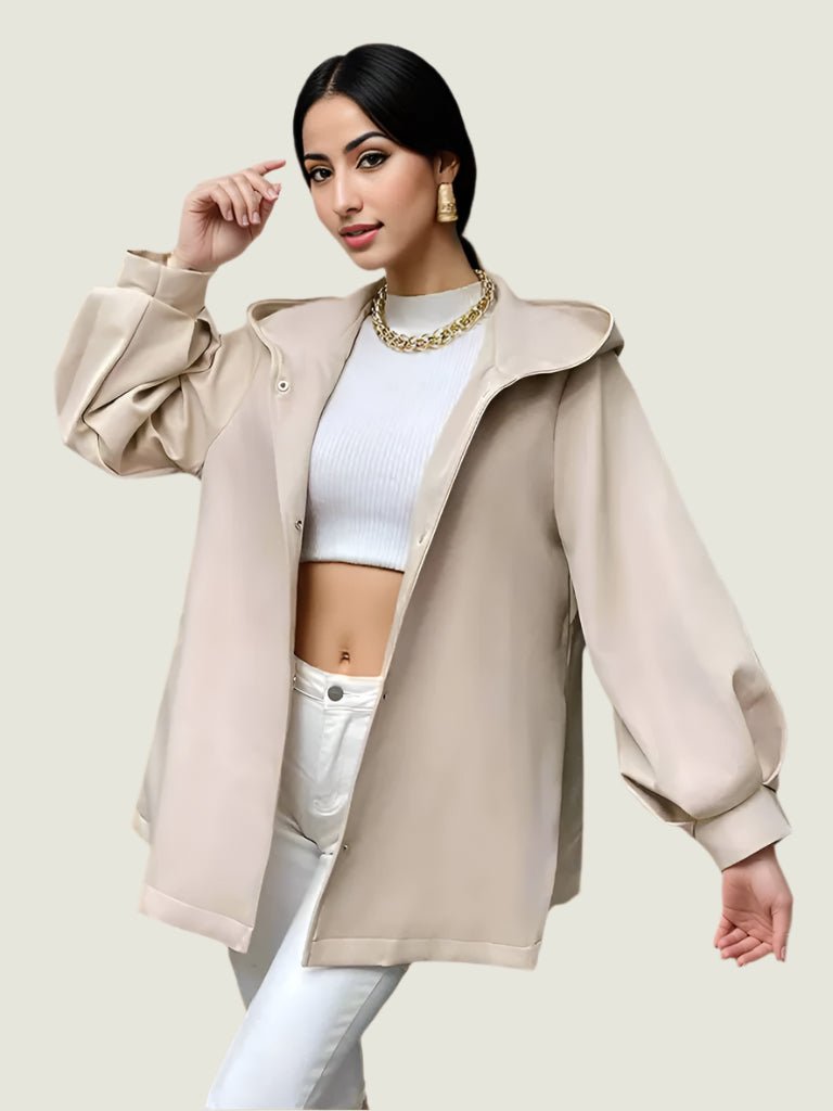 Elegant Beige Belted Hooded Coat Curve – Modern Chic Lightweight Jacket