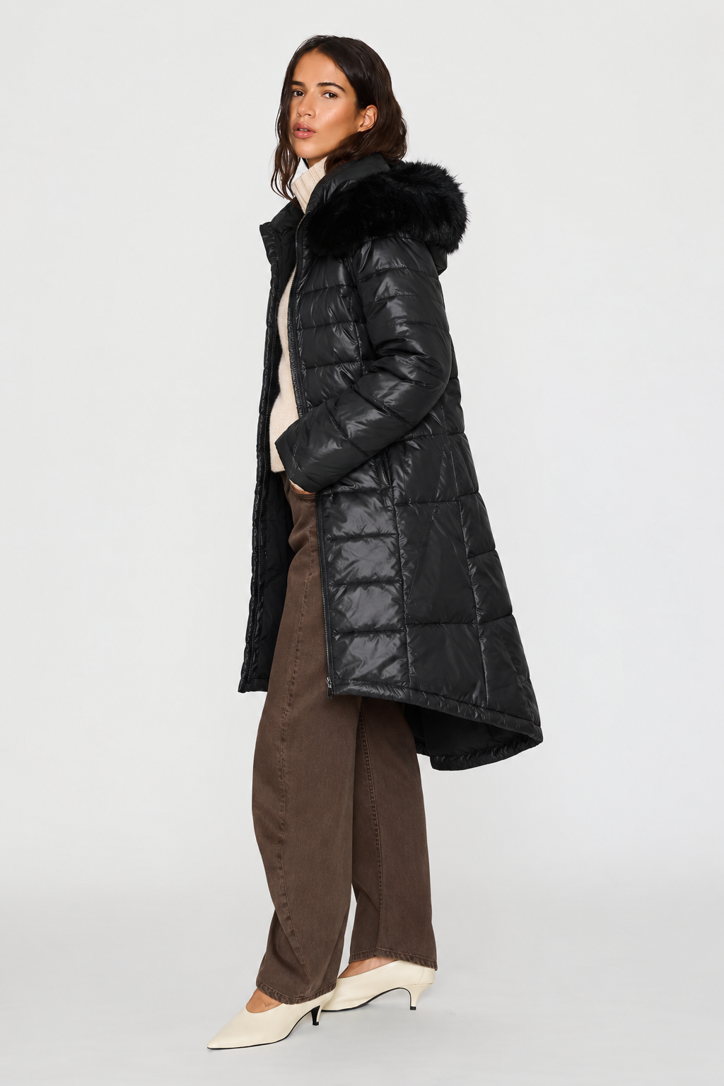 Faux Fur Hood Longline Puffer Coat