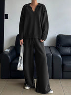 Relaxed Knit Collar Top & Wide Leg Pants 2-Piece Lounge Set