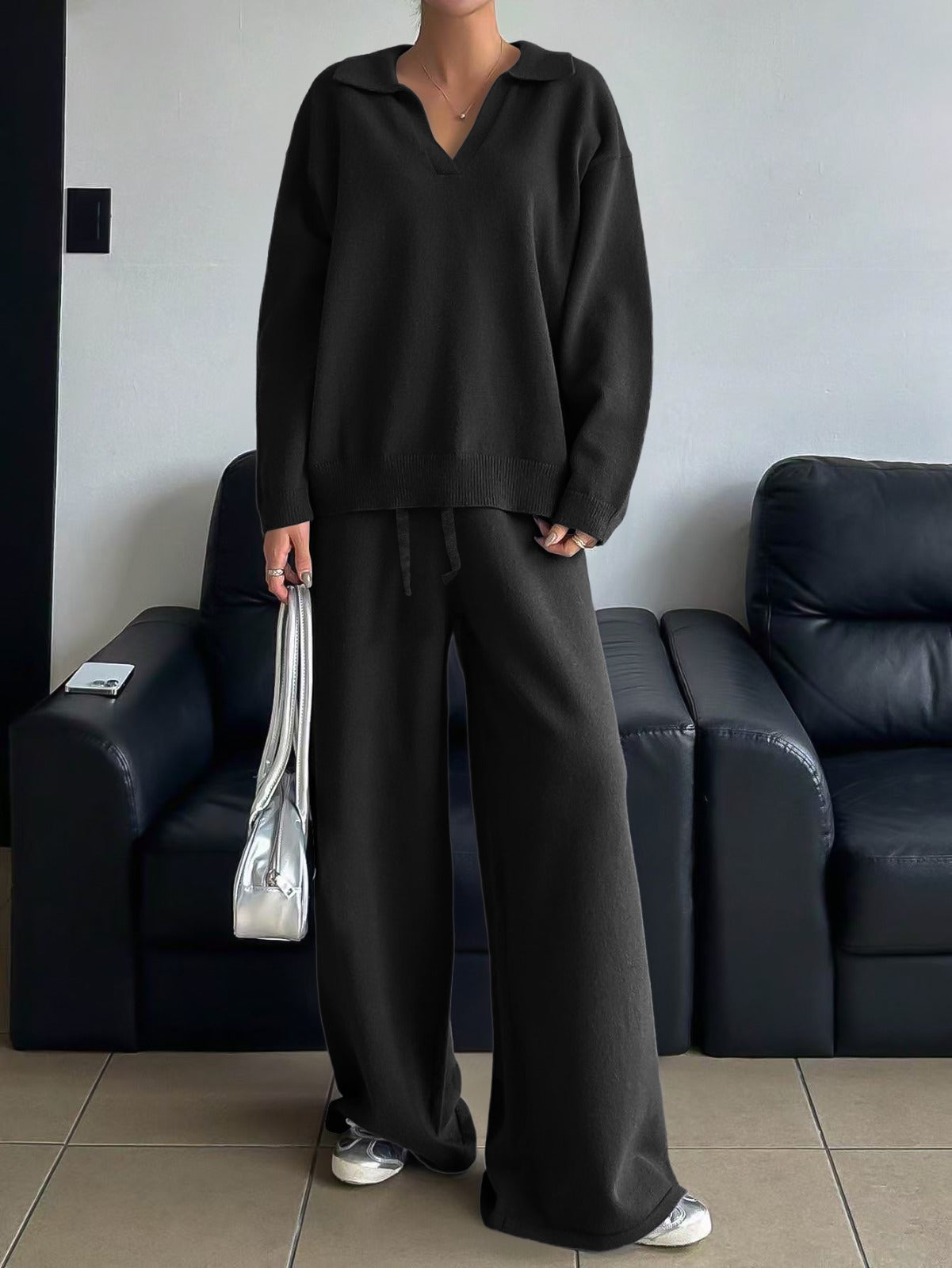 Relaxed Knit Collar Top & Wide Leg Pants 2-Piece Lounge Set