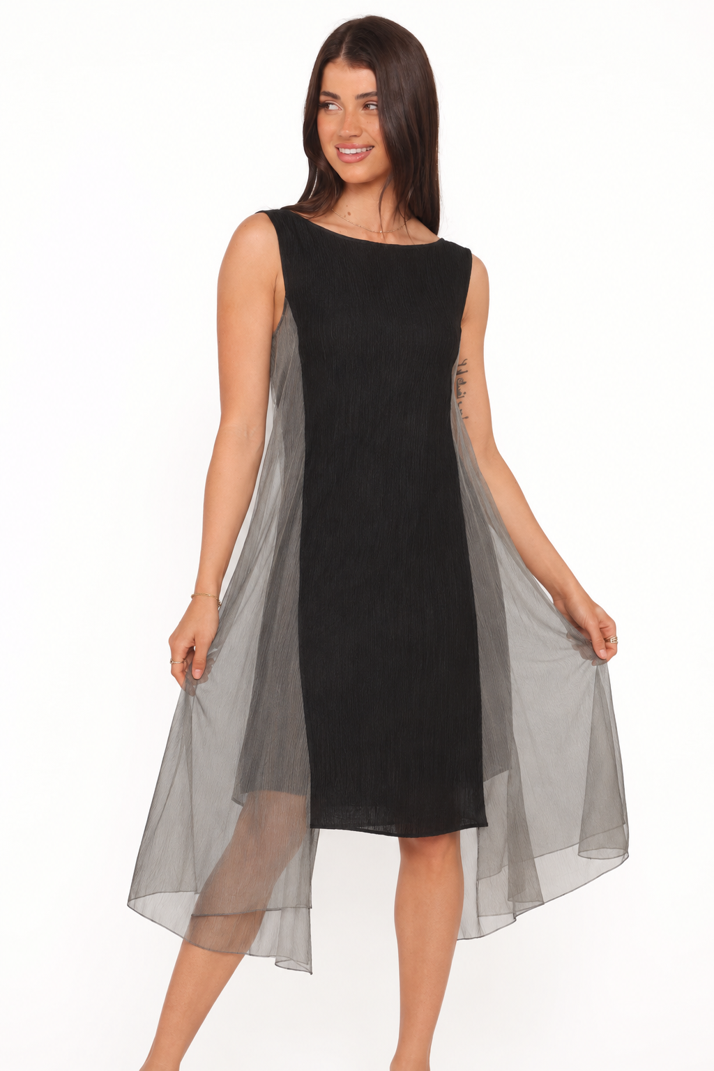 Contrast Mesh Asymmetric Midi Dress