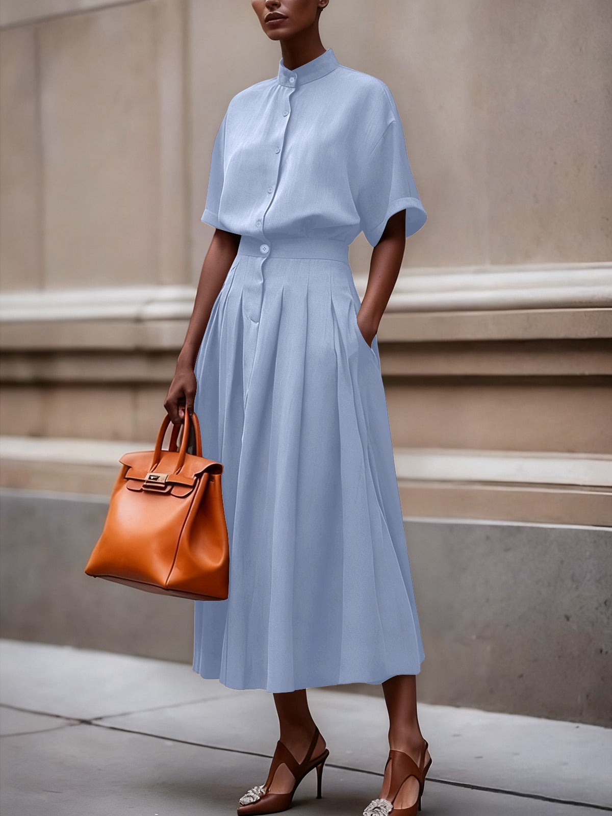 Pleated Two-Piece Skirt Set – Button Shirt Top & Midi Skirt Outfit