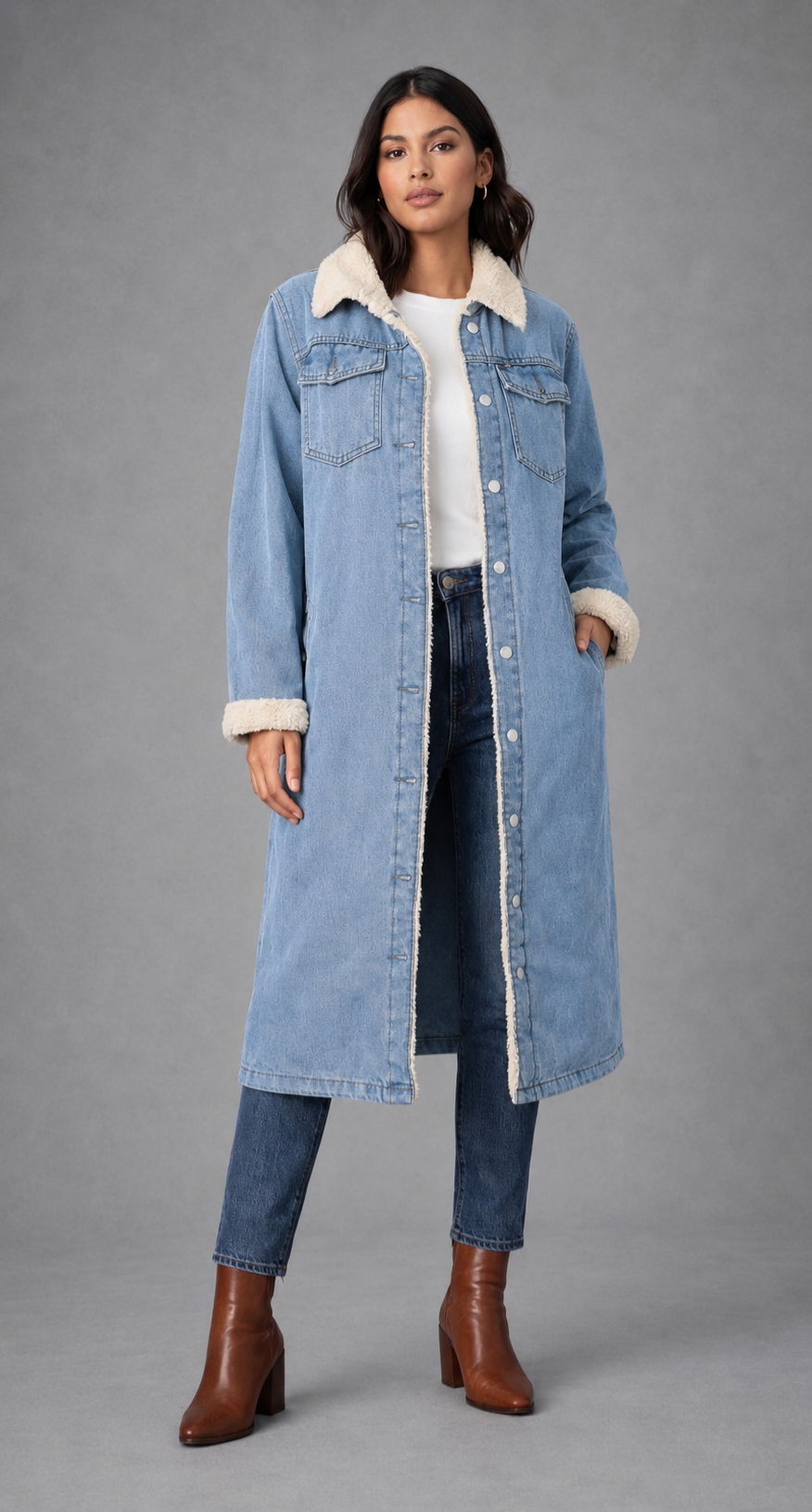 Women’s Long Sherpa-Lined Denim Coat