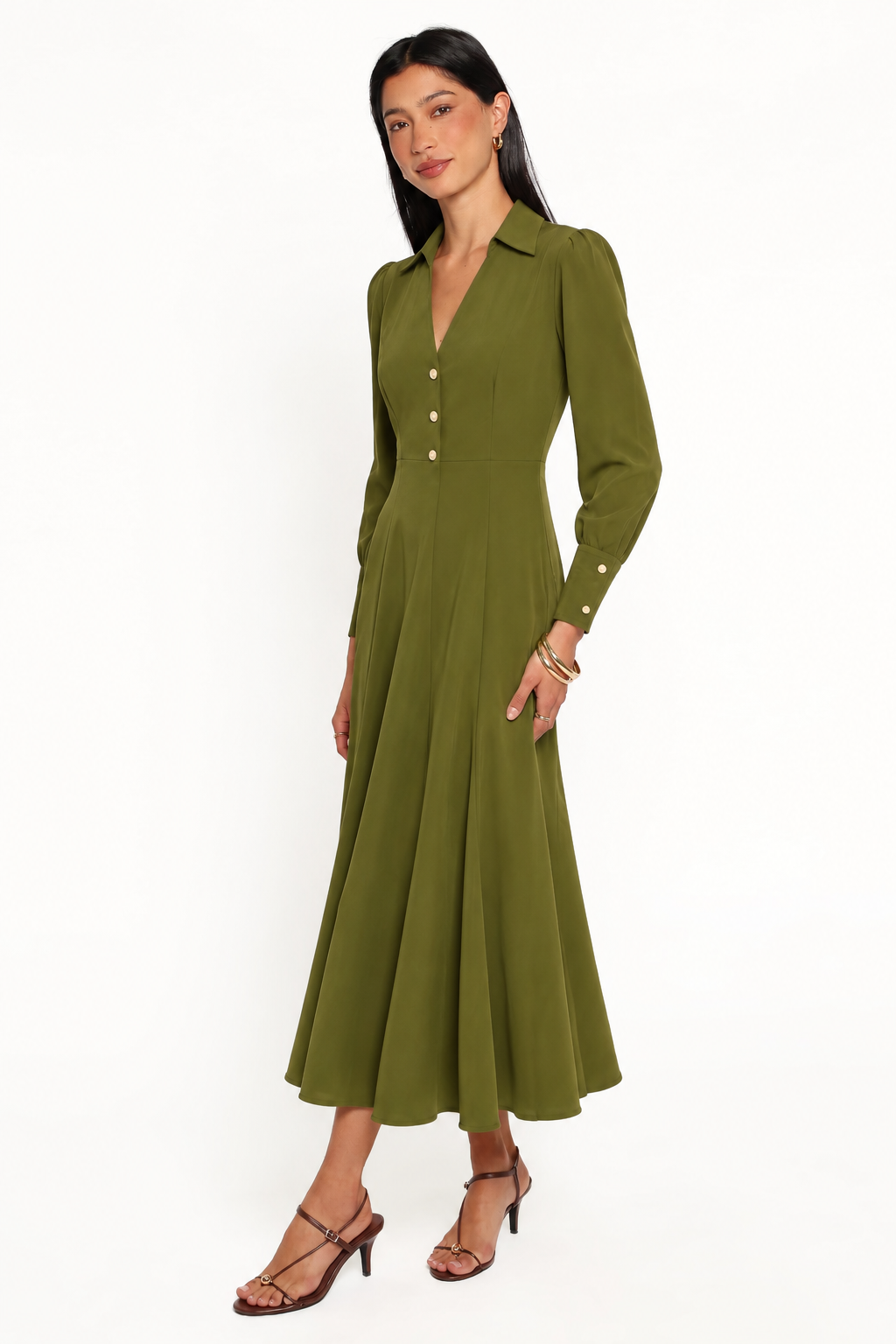 Collared Button-Front Flared Maxi Dress