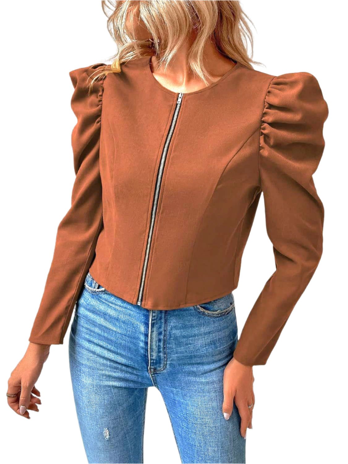Puff Sleeve Zip-Up Jacket – Chic & Modern