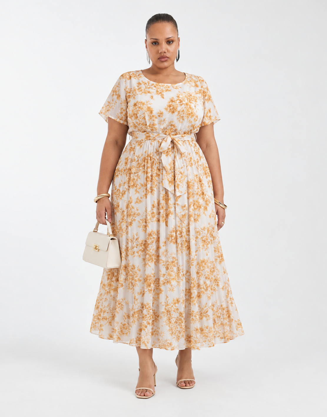 Floral Pleated Belted Midi Dress
