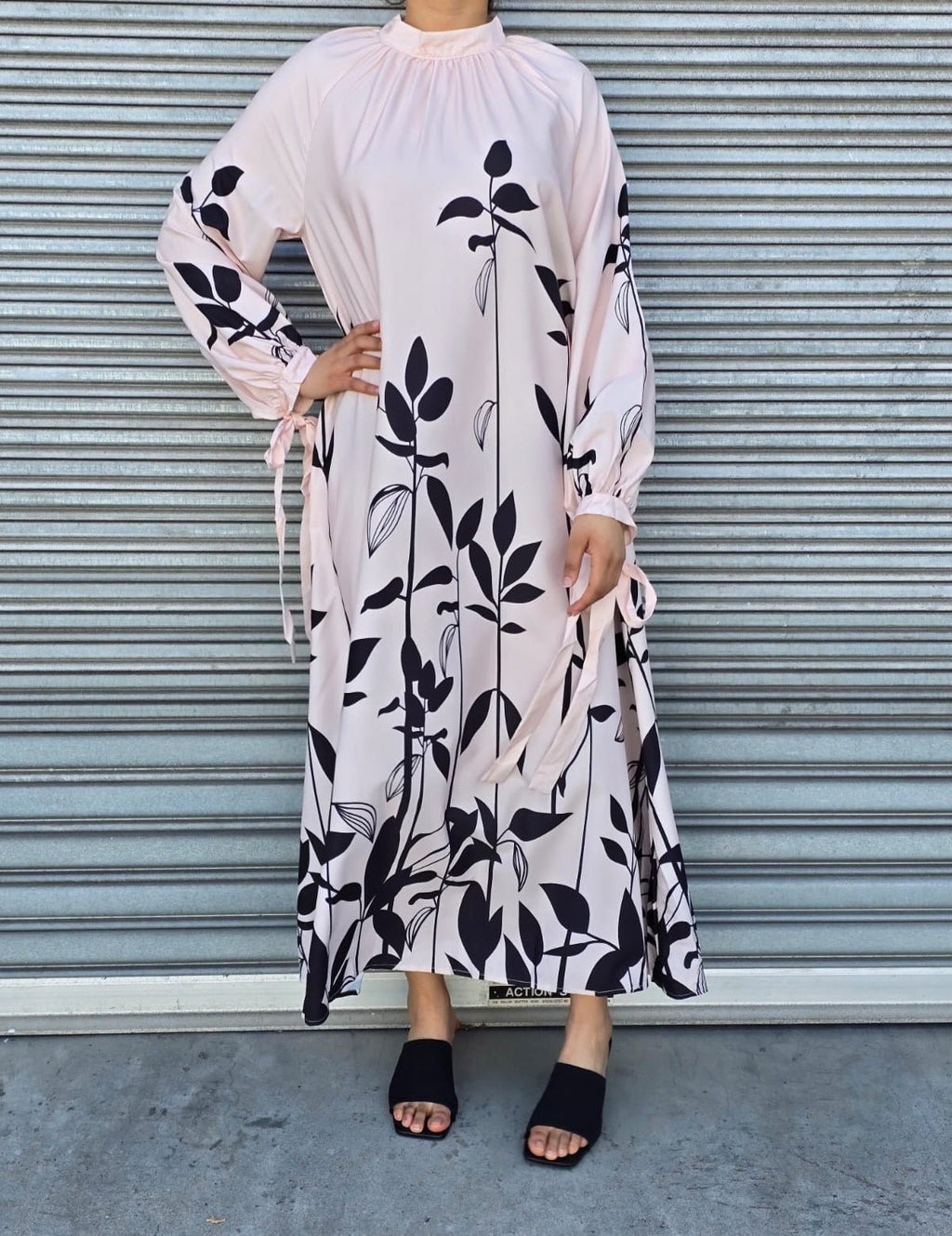 Flowy Long Sleeve Maxi Dress with Leaf Print