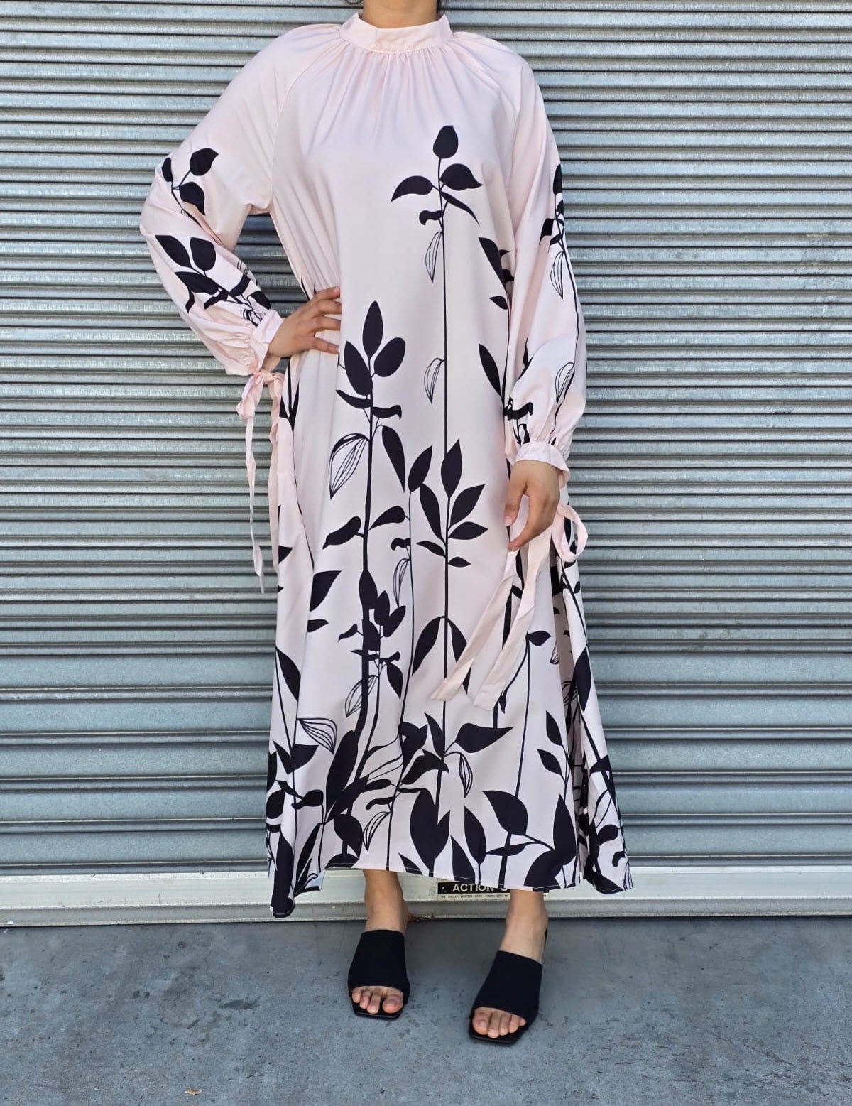 Flowy Long Sleeve Maxi Dress with Leaf Print