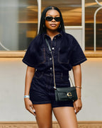 Dark Denim Button-Up Romper – Short Sleeve Utility Style