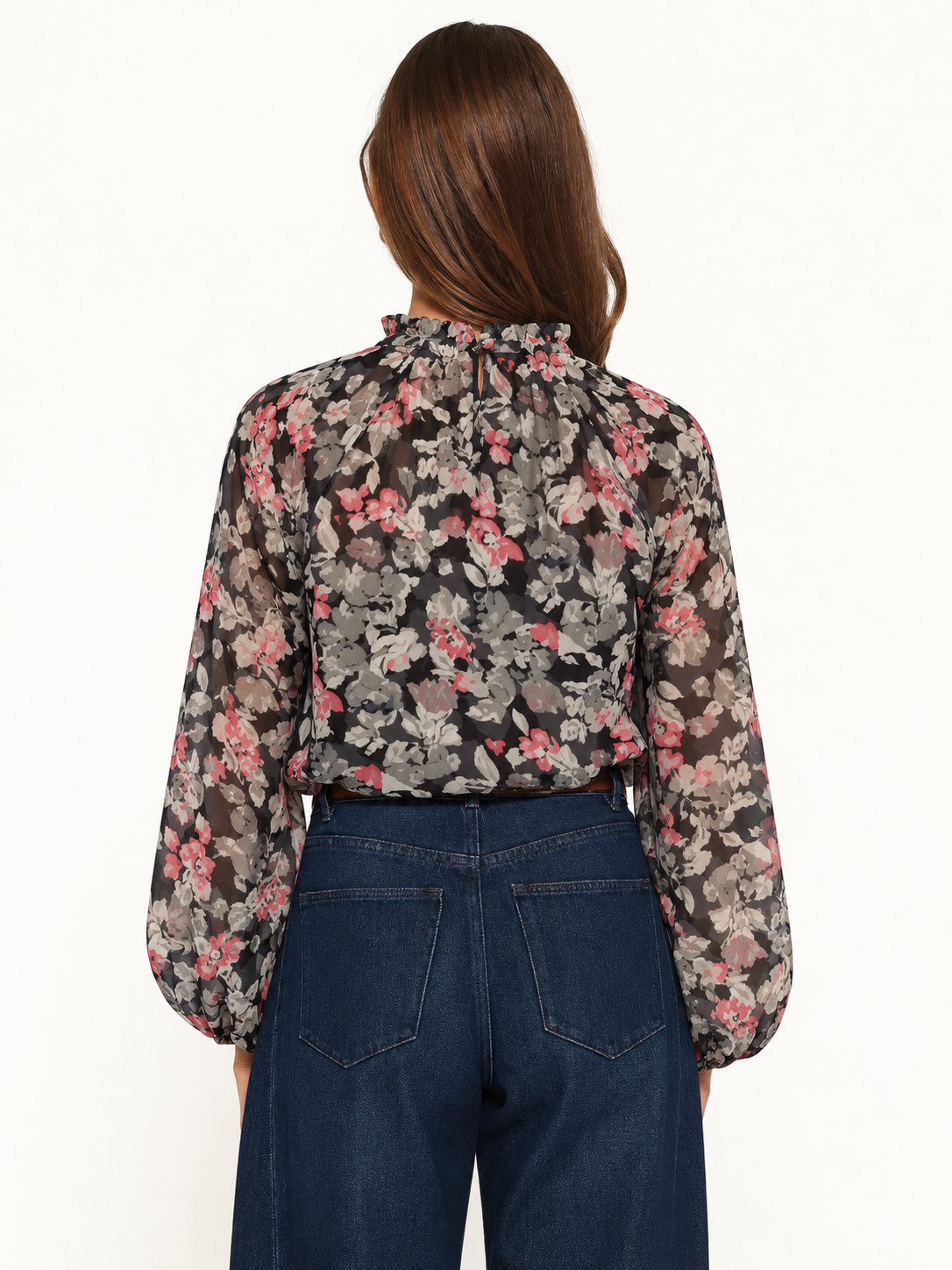Chiffon Floral Frill Sheer Blouse