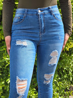High-Waist Ripped Skinny Blue Jeans - DYQ-302