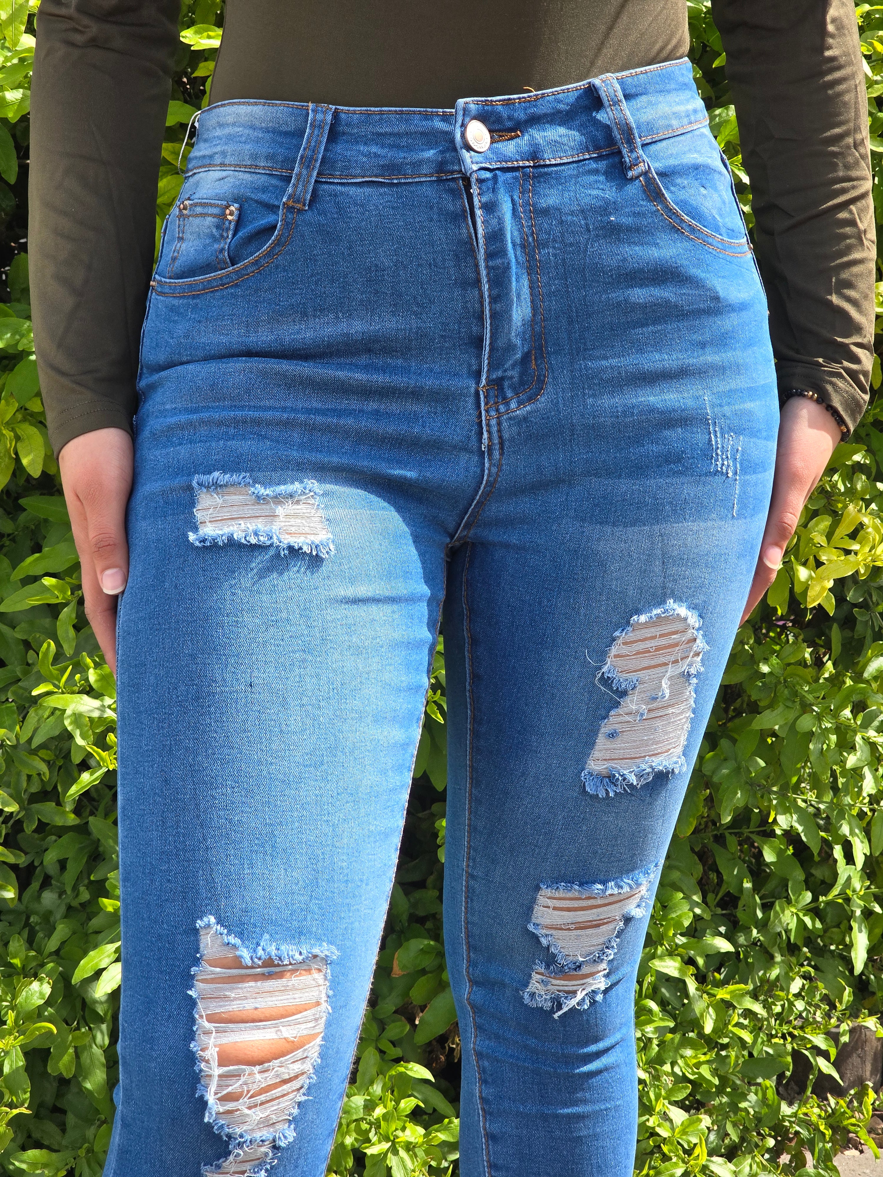 High-Waist Ripped Skinny Blue Jeans - DYQ-302