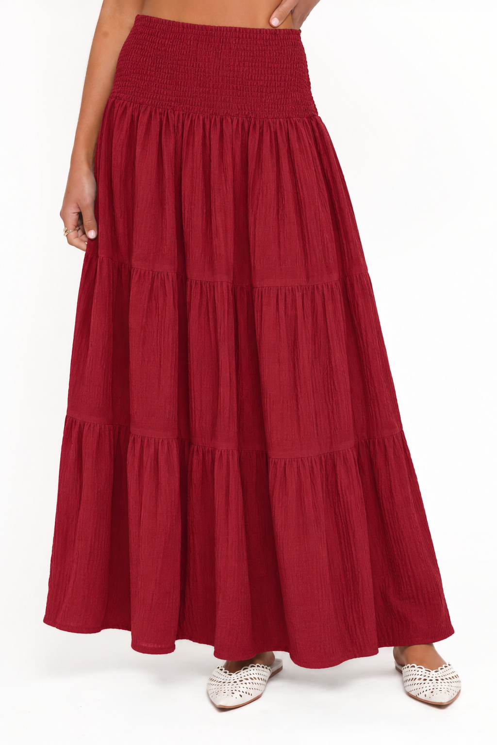 Smocked-Waist Tiered Maxi Skirt