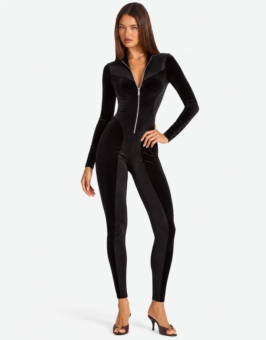 Chic Velvet Zip Up Long Sleeve Catsuit