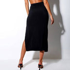Ribbed Knitted Thigh Slit Ruched Midi Skirt