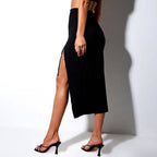 Ribbed Knitted Thigh Slit Ruched Midi Skirt