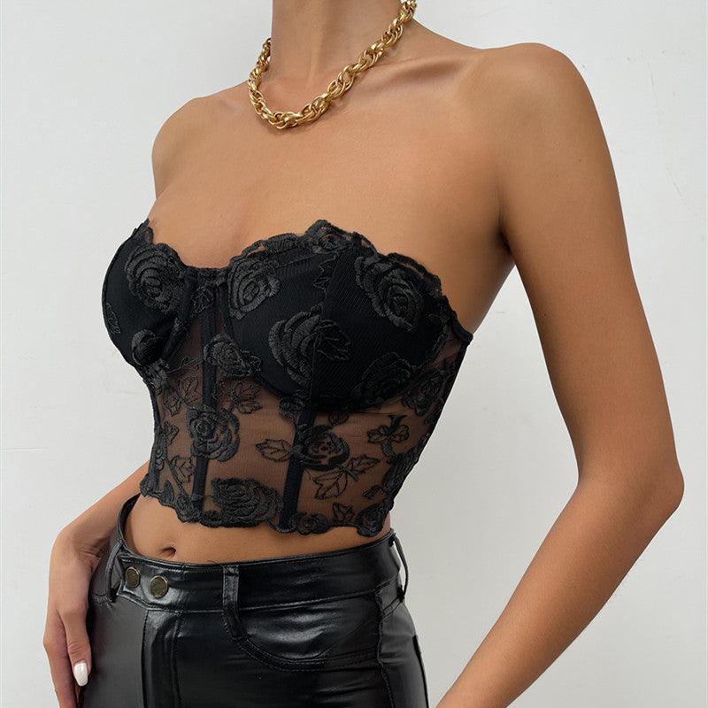 Tube Top Embroidery Flower See Through Off Shoulder Lingerie Top - XD21