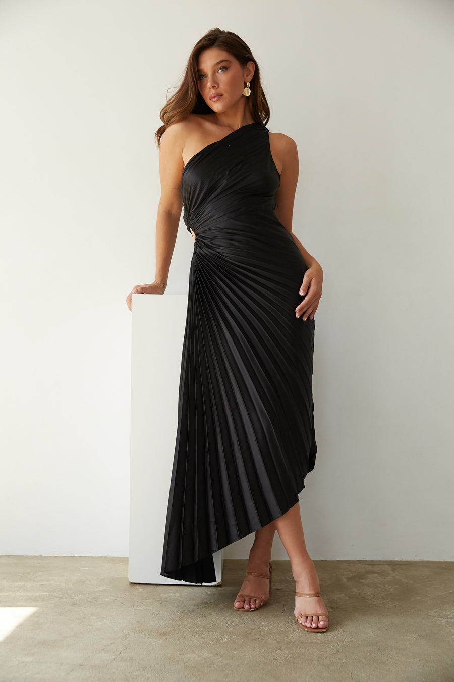 One-Shoulder Satin Pleated Maxi Dress