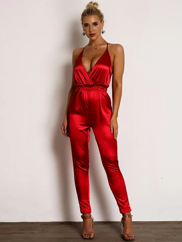 Criss Cross Backless Satin Slip Jumpsuit XD21