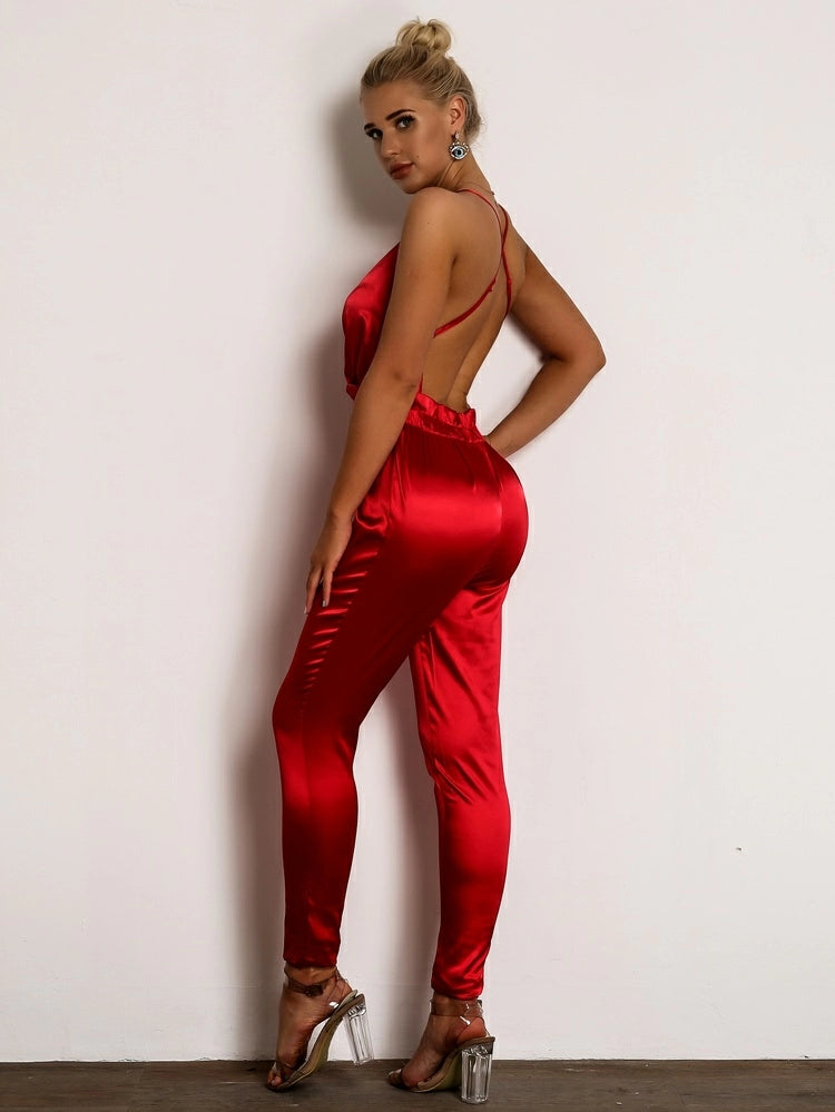 Criss Cross Backless Satin Slip Jumpsuit XD21