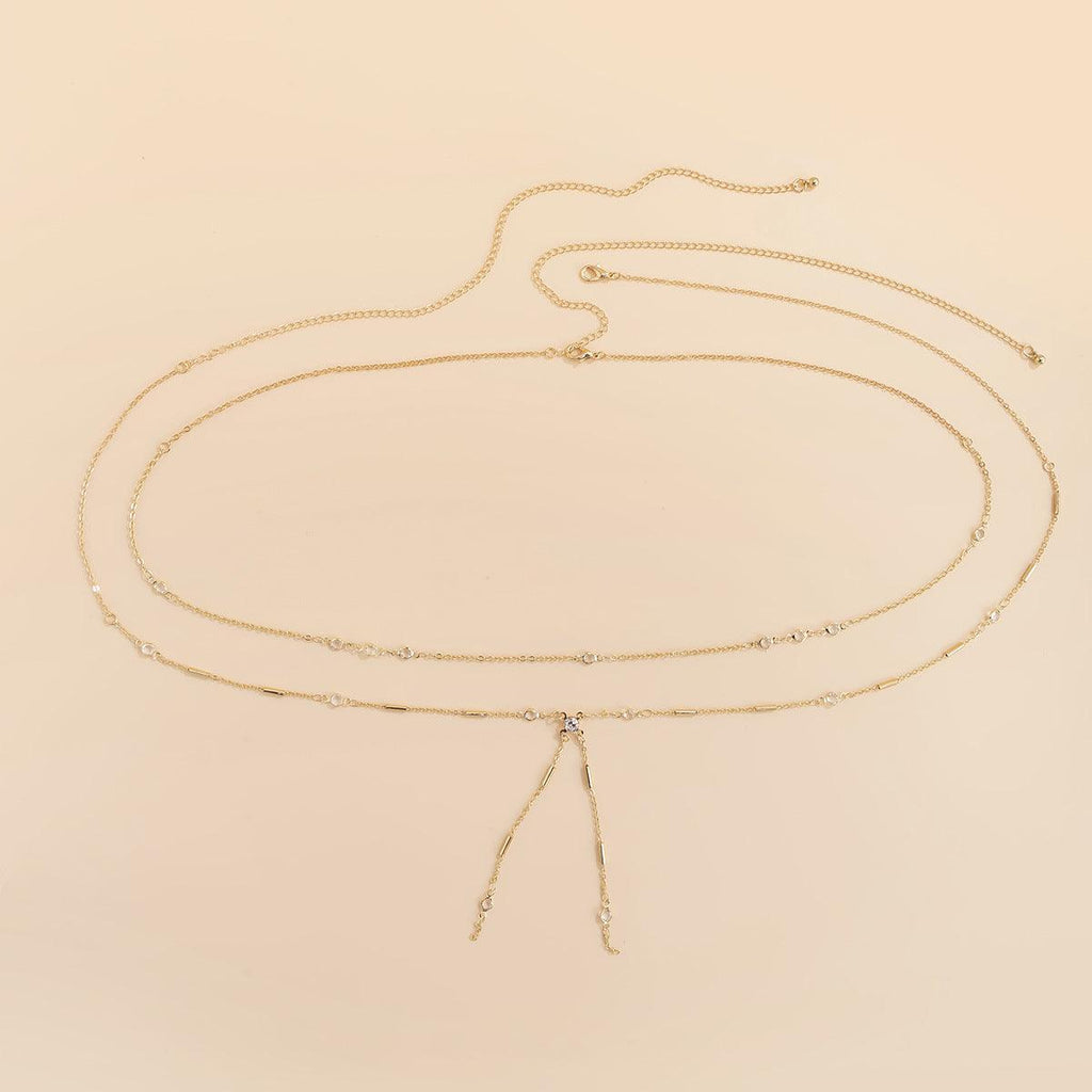 Graceful and fashionable double-layer copper-clad iron chain hip hop phants zipper body chains European and American imitation Crystal adjustable hot girl waist chain - XD21
