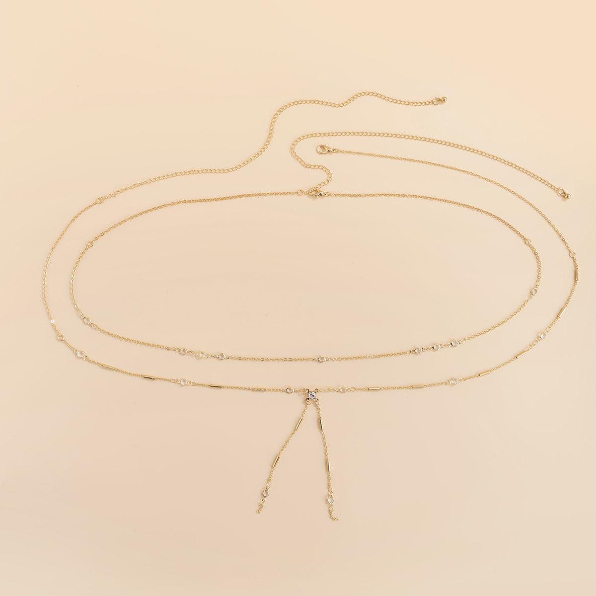 Graceful and fashionable double-layer copper-clad iron chain hip hop phants zipper body chains European and American imitation Crystal adjustable hot girl waist chain - XD21
