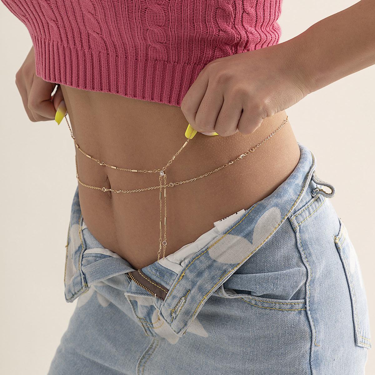 Graceful and fashionable double-layer copper-clad iron chain hip hop phants zipper body chains European and American imitation Crystal adjustable hot girl waist chain - XD21