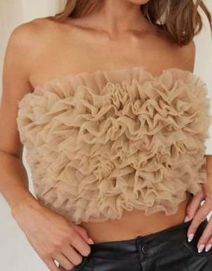 Mesh Ruffle Trim Crop Tube Top XD21