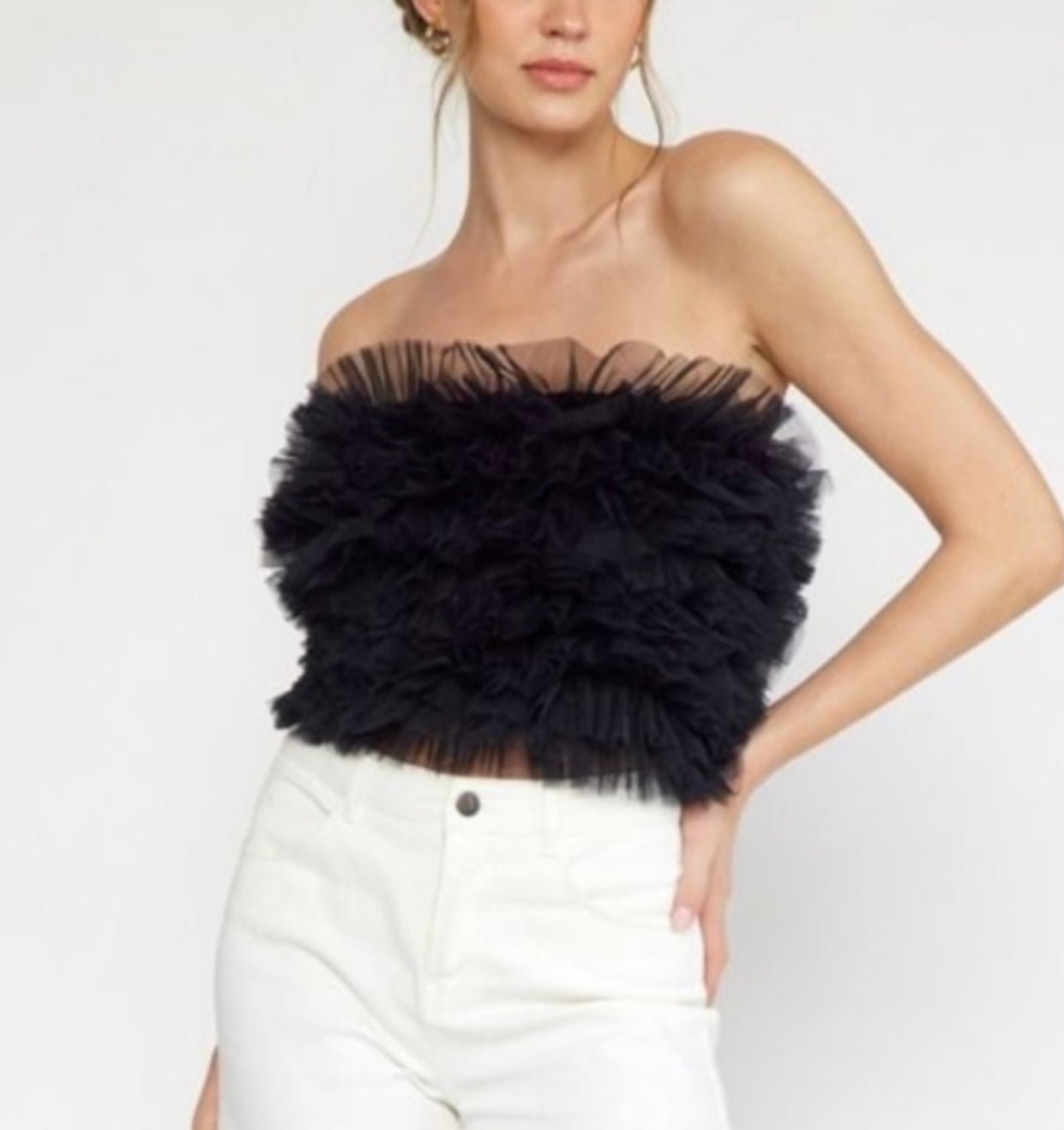Mesh Ruffle Trim Crop Tube Top