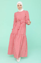 Plaid maxi dress with belt ruffles XD21