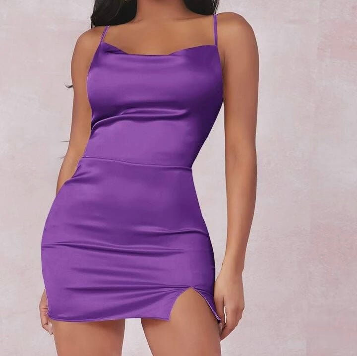 Split Detail Satin Cami Mini Bodycon Dress XD21