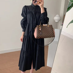 Stand-Up Collar Loose Ruffled Bubble Sleeve Shirt Dress