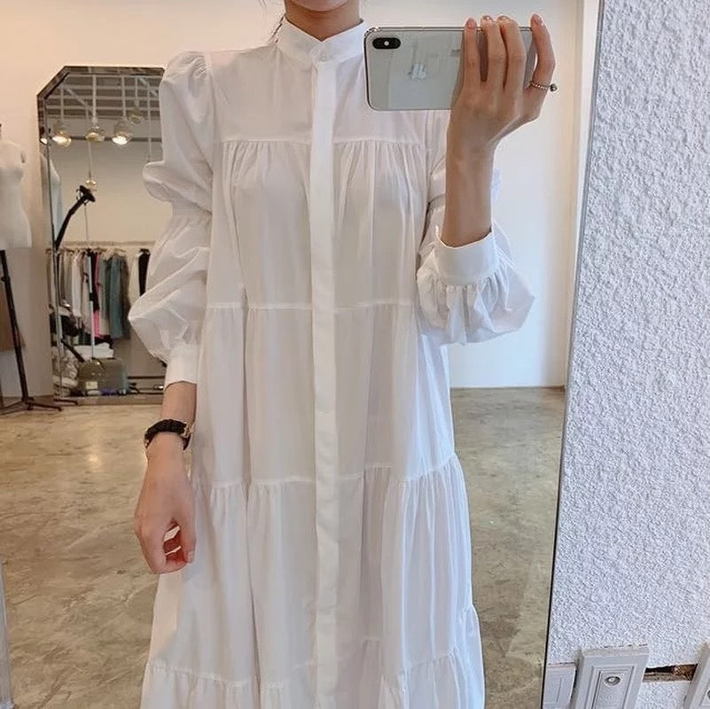 Stand-Up Collar Loose Ruffled Bubble Sleeve Shirt Dress