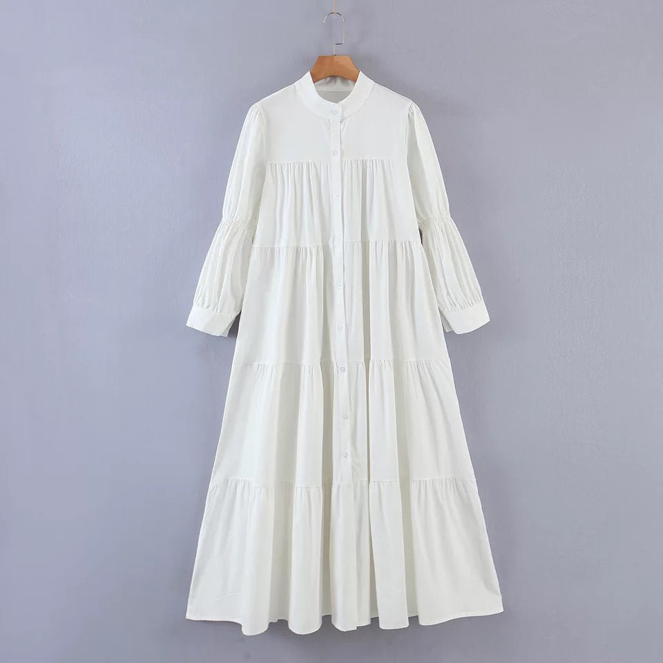 Stand-Up Collar Loose Ruffled Bubble Sleeve Shirt Dress