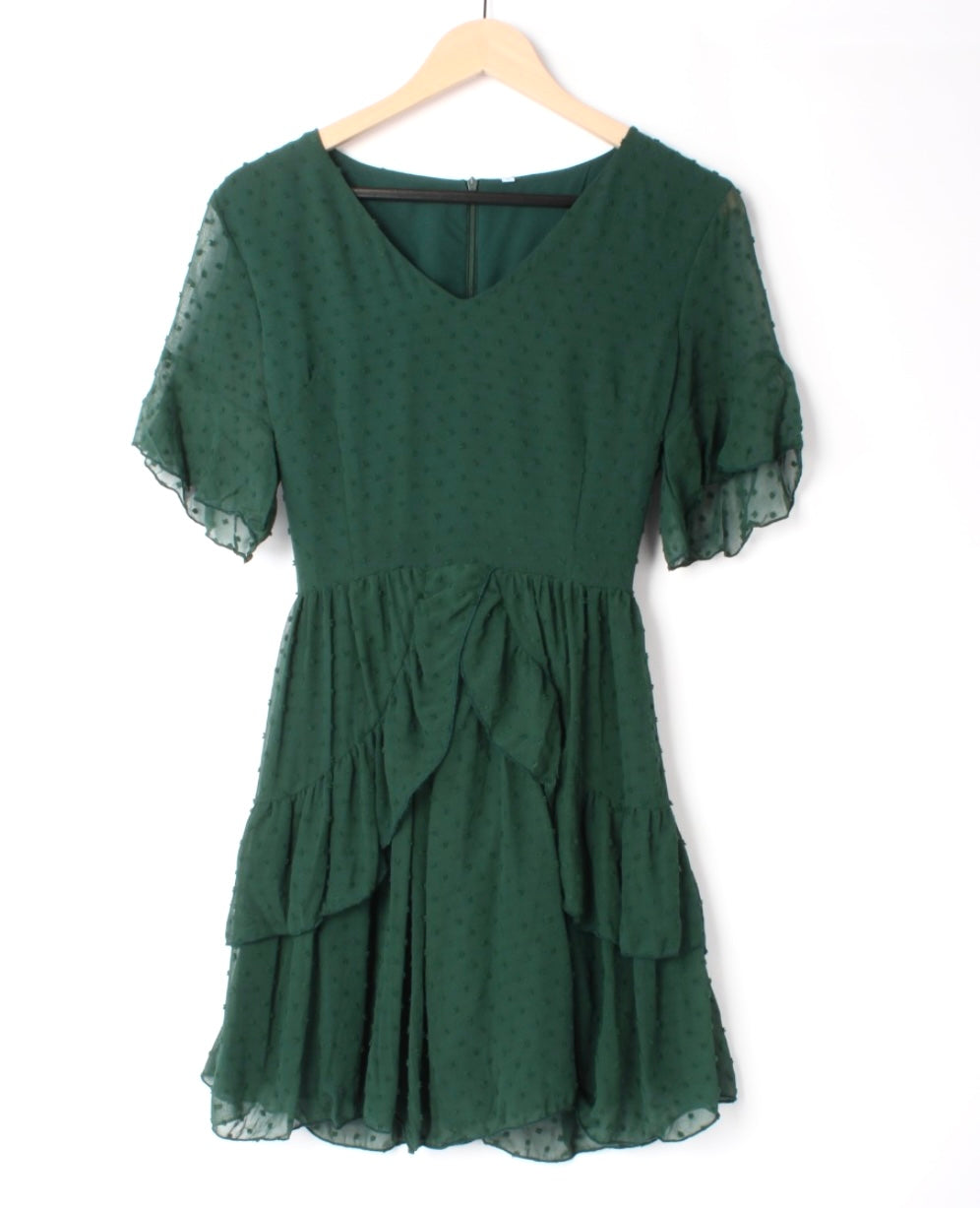 Swiss Dot Belted Layered Hem Chiffon Dress XD21