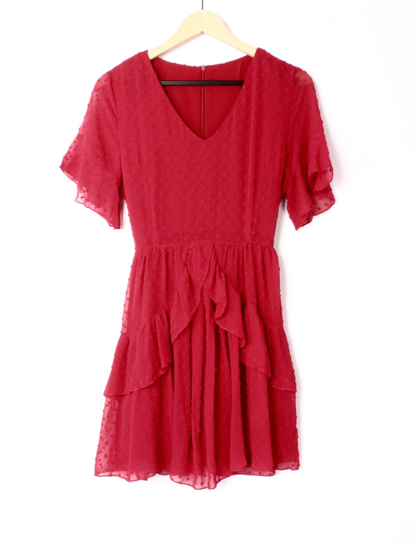 Swiss Dot Belted Layered Hem Chiffon Dress